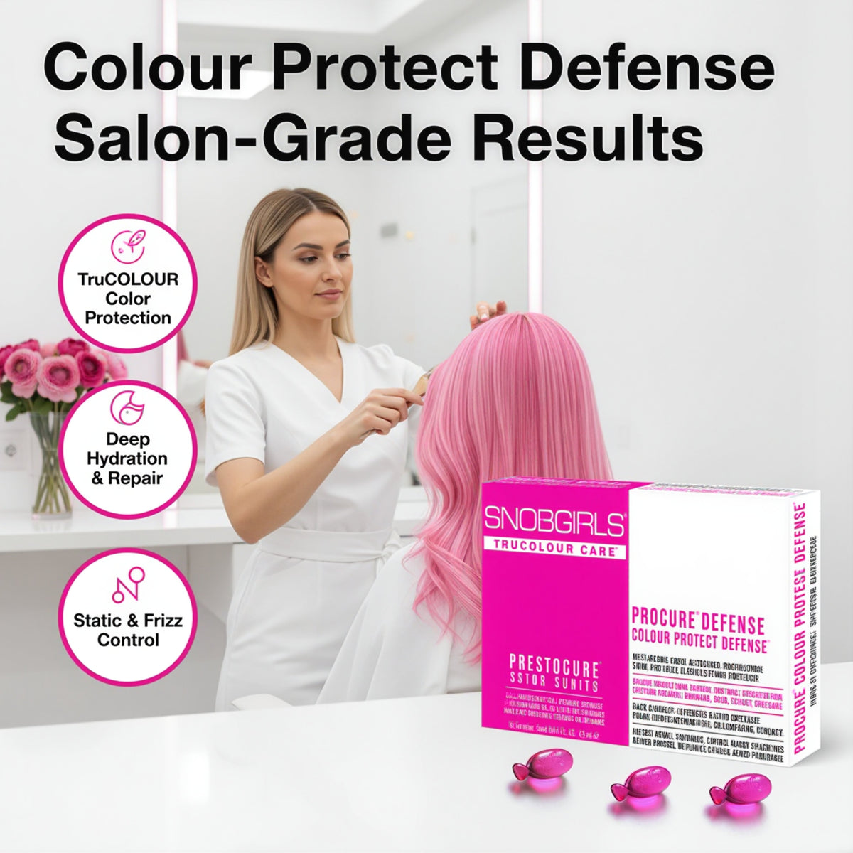 PROCURE Vegan Hair Oil capsules for color protection, hydration, and frizz control in salon setting
