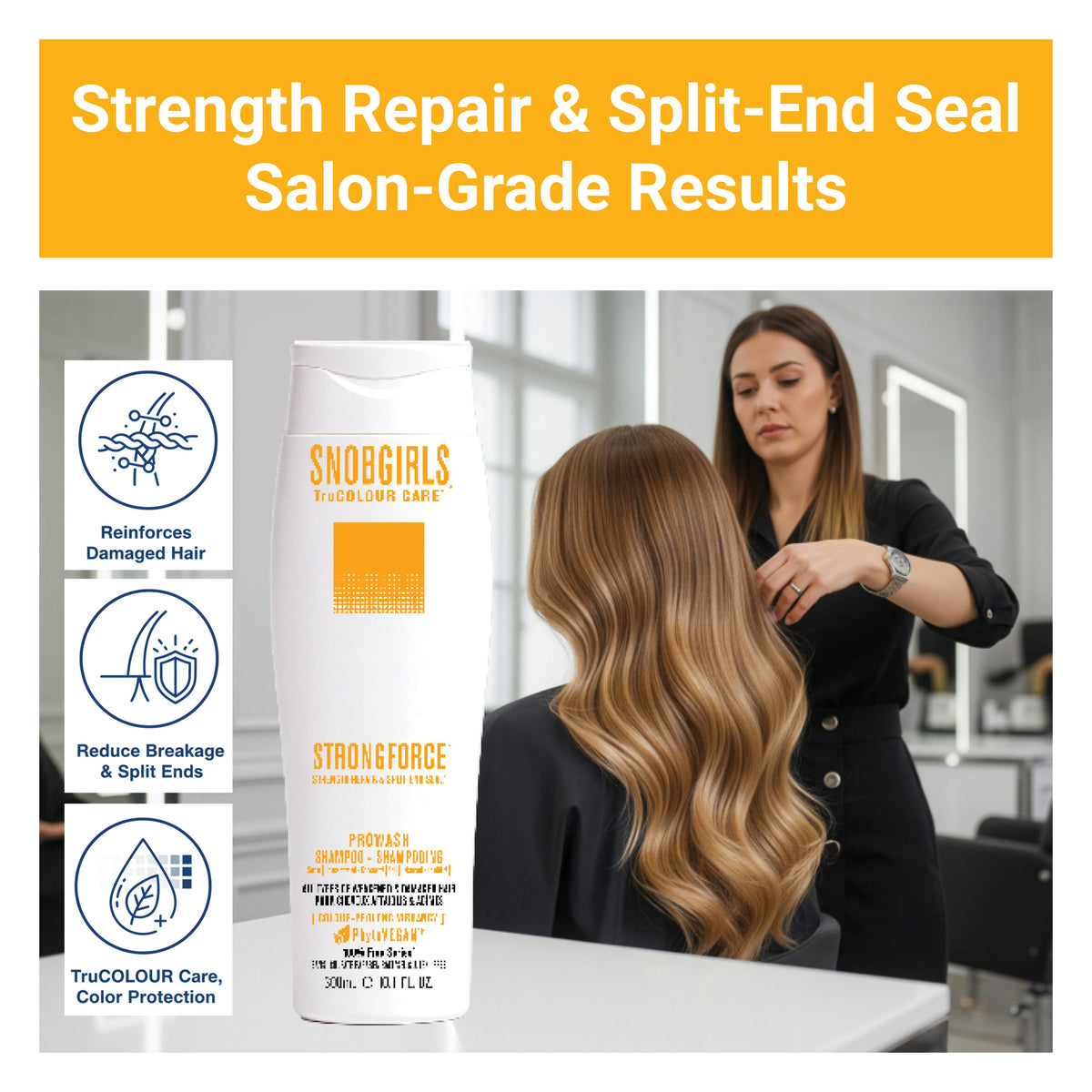 STRONGFORCE Shampoo Conditioner duo bottle with stylist treating long, wavy hair, highlighting strength repair and split-end sealing benefits.