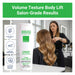 Bottle of BODYDENSE Vegan Hair Shampoo next to a stylist working on wavy, voluminous hair in a salon setting with icons highlighting volume boost, lightweight body enhancer, and color protection.