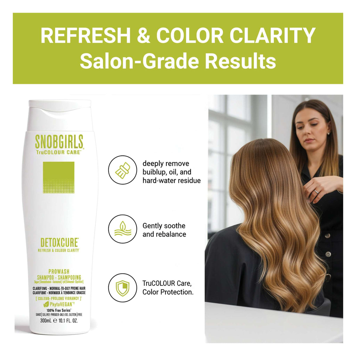 DETOXCURE PROWASH vegan shampoo bottle with hair stylist applying color clarity treatment on long wavy hair for refreshed and purified scalp and vibrant shine