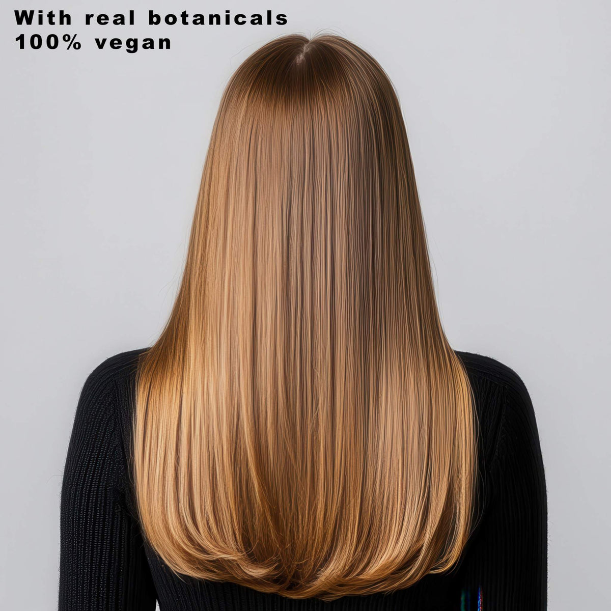 Back view of long, smooth, and shiny blonde hair after using HYDRAMEND Hydrating Shampoo and Conditioner Duo with real botanicals, 100% vegan formula.