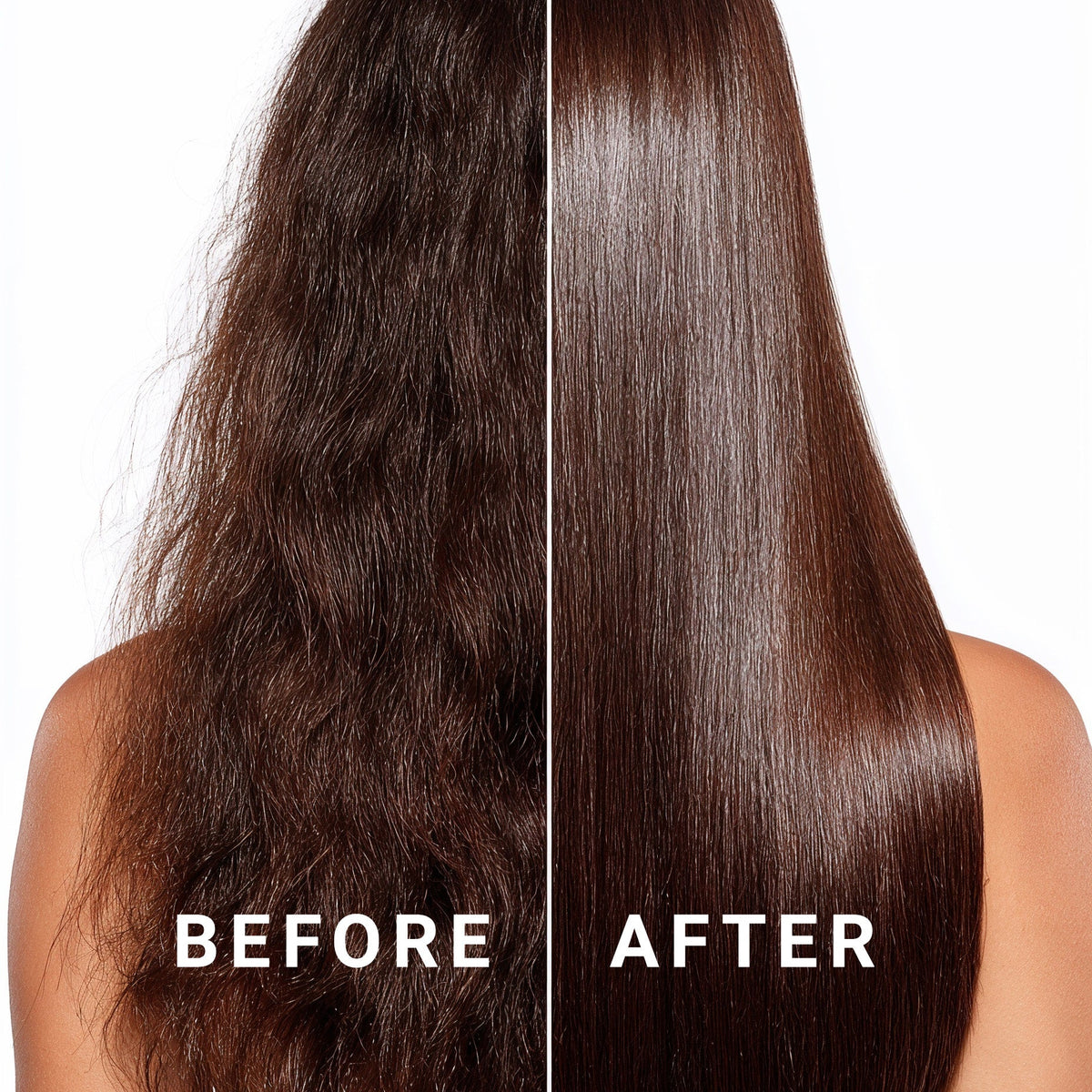 before and after comparison of hair treated with vegan hair oil showing frizzy hair transformed into smooth, shiny hair