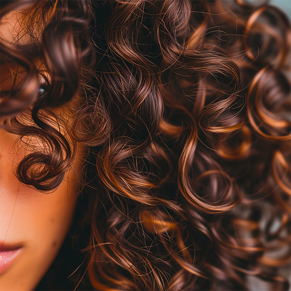 Close-up of shiny, defined curly hair representing VICE-VERSA CURLS vegan conditioner effects