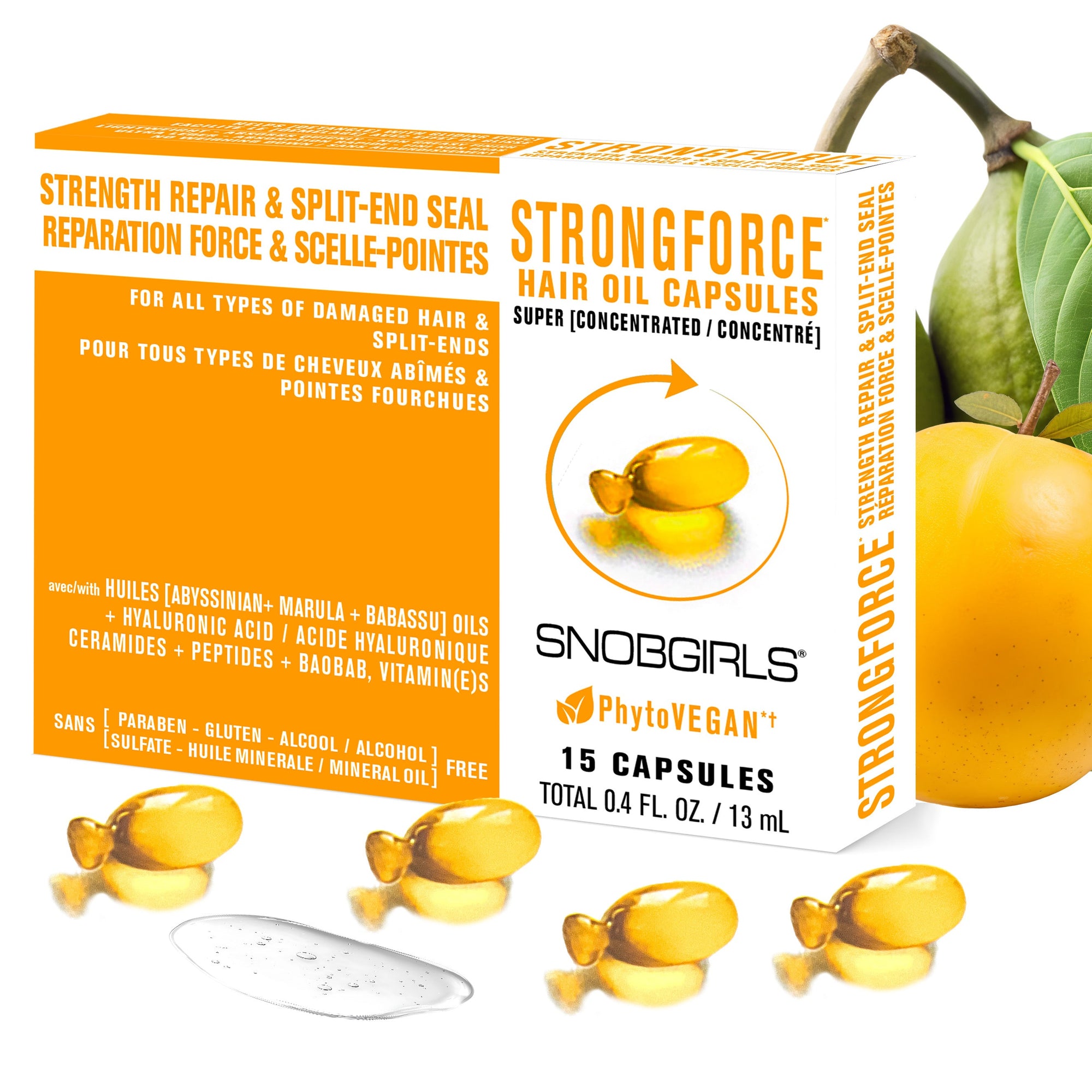 STRONGFORCE Vegan Hair Oil capsules for strength repair and split-end sealing, infused with Abyssinian, Marula, Babassu oils and vitamins, lightweight and non-greasy.