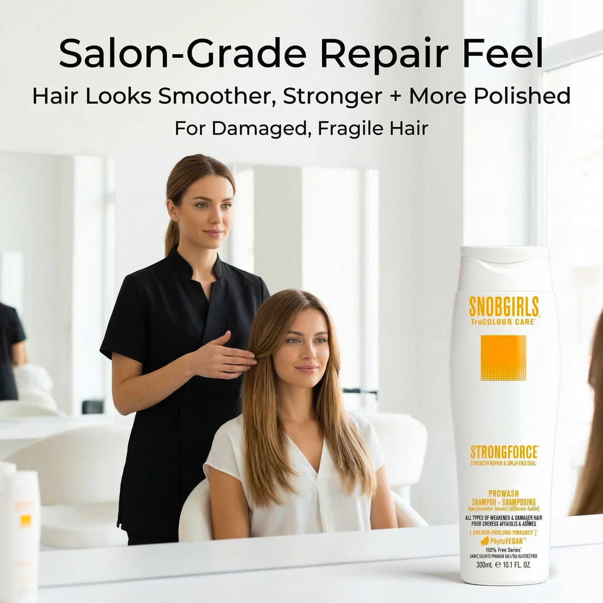 STRONGFORCE Vegan Hair Shampoo bottle with text highlighting strength, split-end seal, and damage repair benefits for overprocessed hair