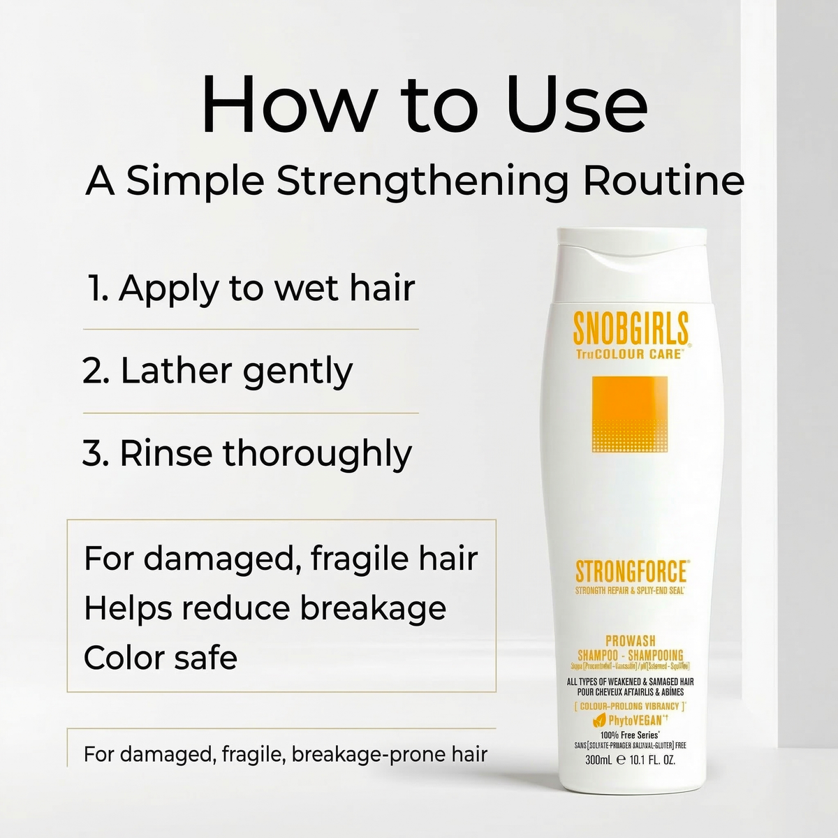 STRONGFORCE Vegan Hair Shampoo bottle with product benefits for strengthening and repairing overprocessed, dry, and weak hair.