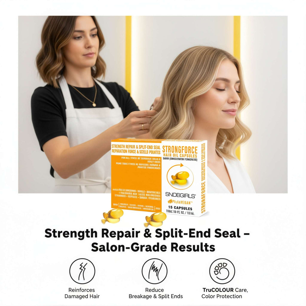 Trio STRONGFORCE Vegan Shampoo, Conditioner, and Hair Oil capsules for strengthening and repairing damaged hair with split-end sealing and color protection.
