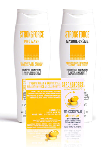 Trio STRONGFORCE Vegan Shampoo, Conditioner, and Hair Oil Capsules for repairing and strengthening damaged hair