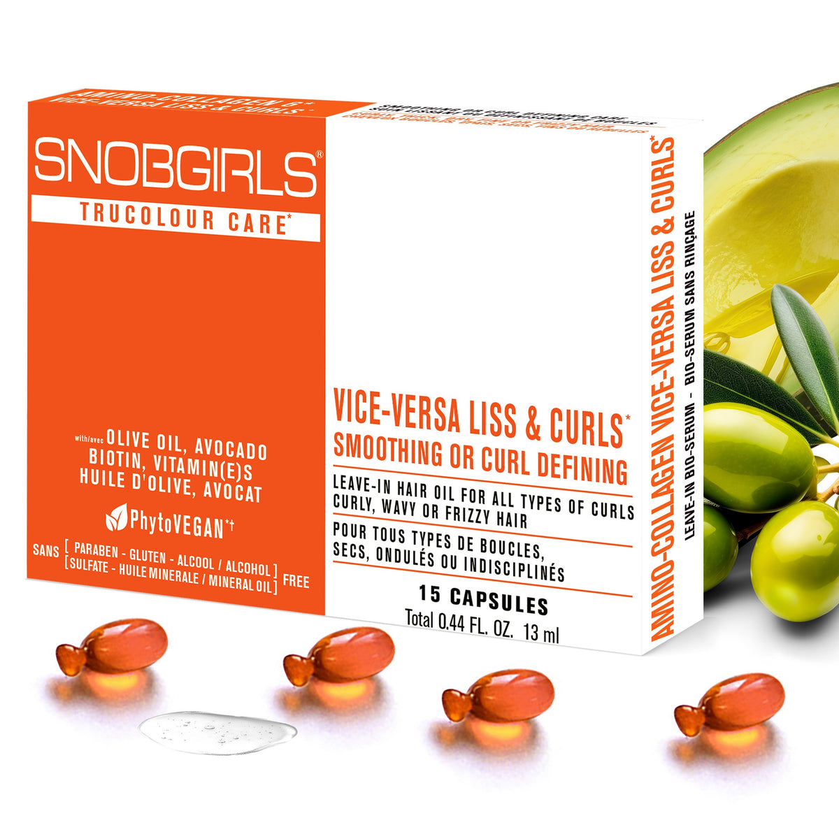 Vegan Hair Oil capsules with olive oil, avocado, and biotin for smoothing and defining curls