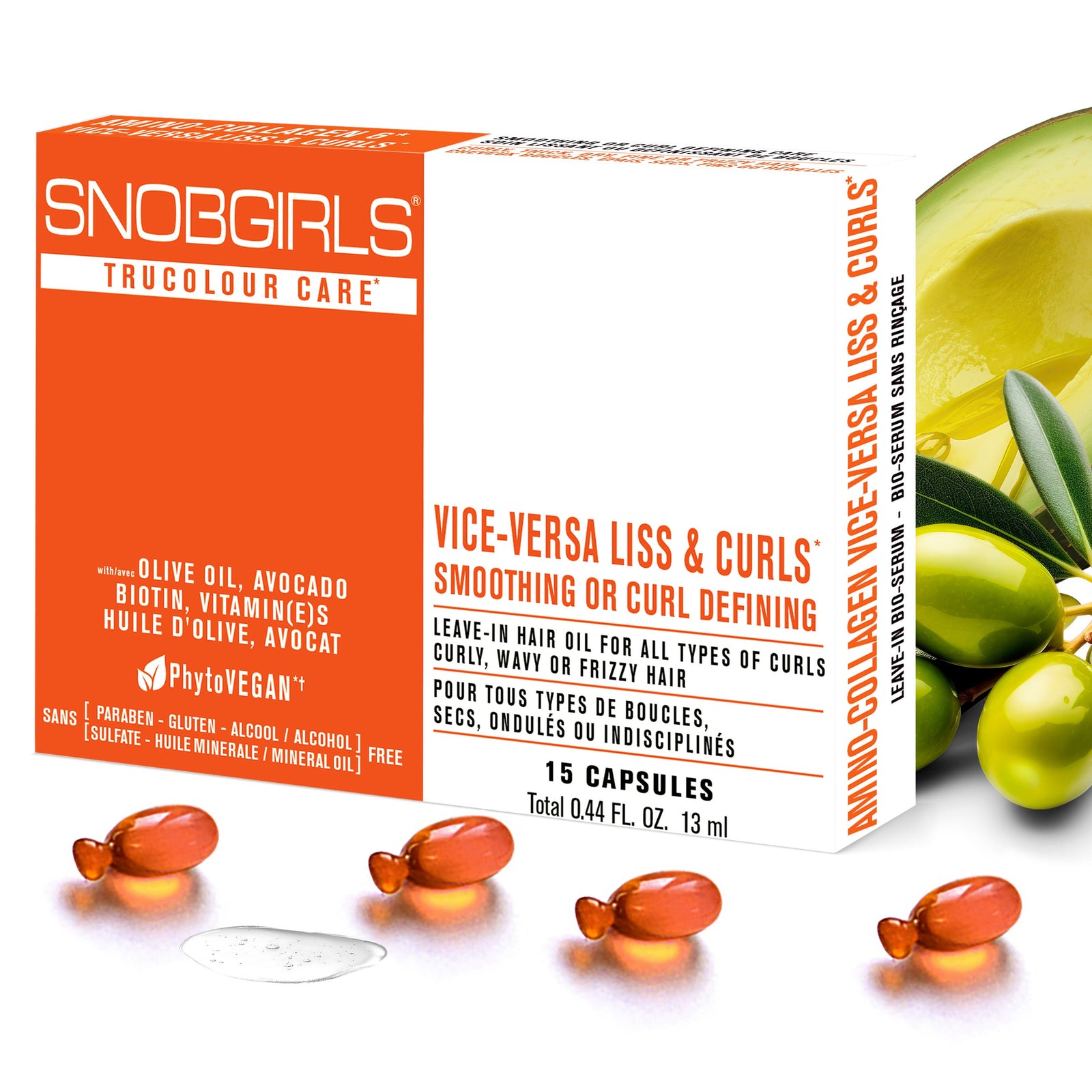 Vegan Hair Oil capsules with olive oil, avocado, and biotin for smoothing and defining curls