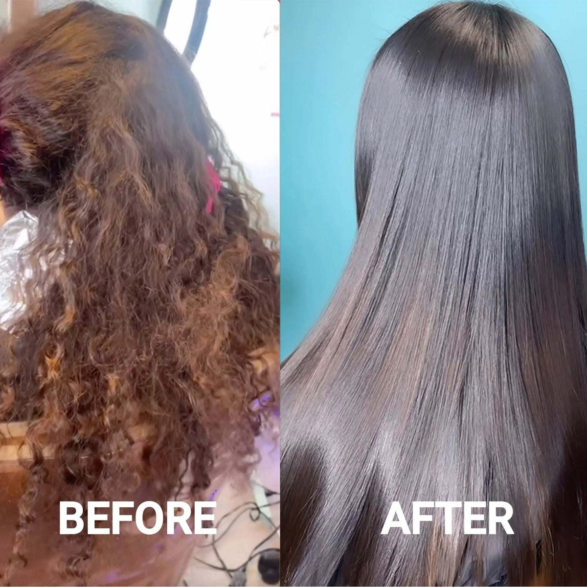 before and after results of using vegan hair oil showing transformation from frizzy curly hair to smooth shiny straight hair