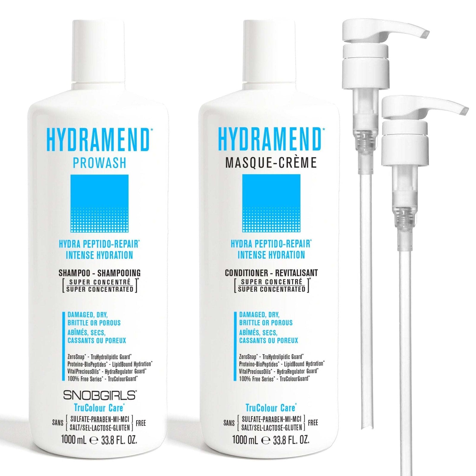 DUO HYDRAMEND prowash shampoo and masque-creme for intense hydration and repair of damaged, dry, brittle hair, sulfate and paraben-free.