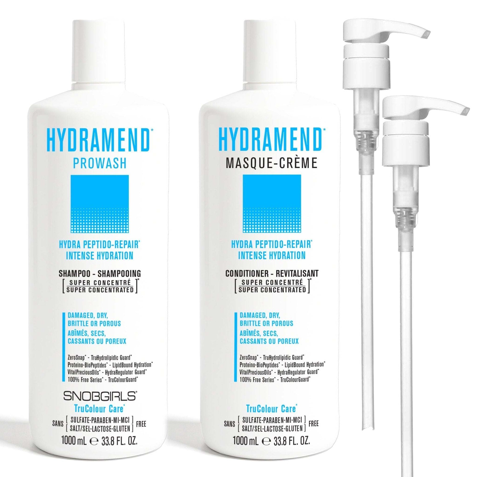 DUO HYDRAMEND prowash shampoo and masque-creme for intense hydration and repair of damaged, dry, brittle hair, sulfate and paraben-free.