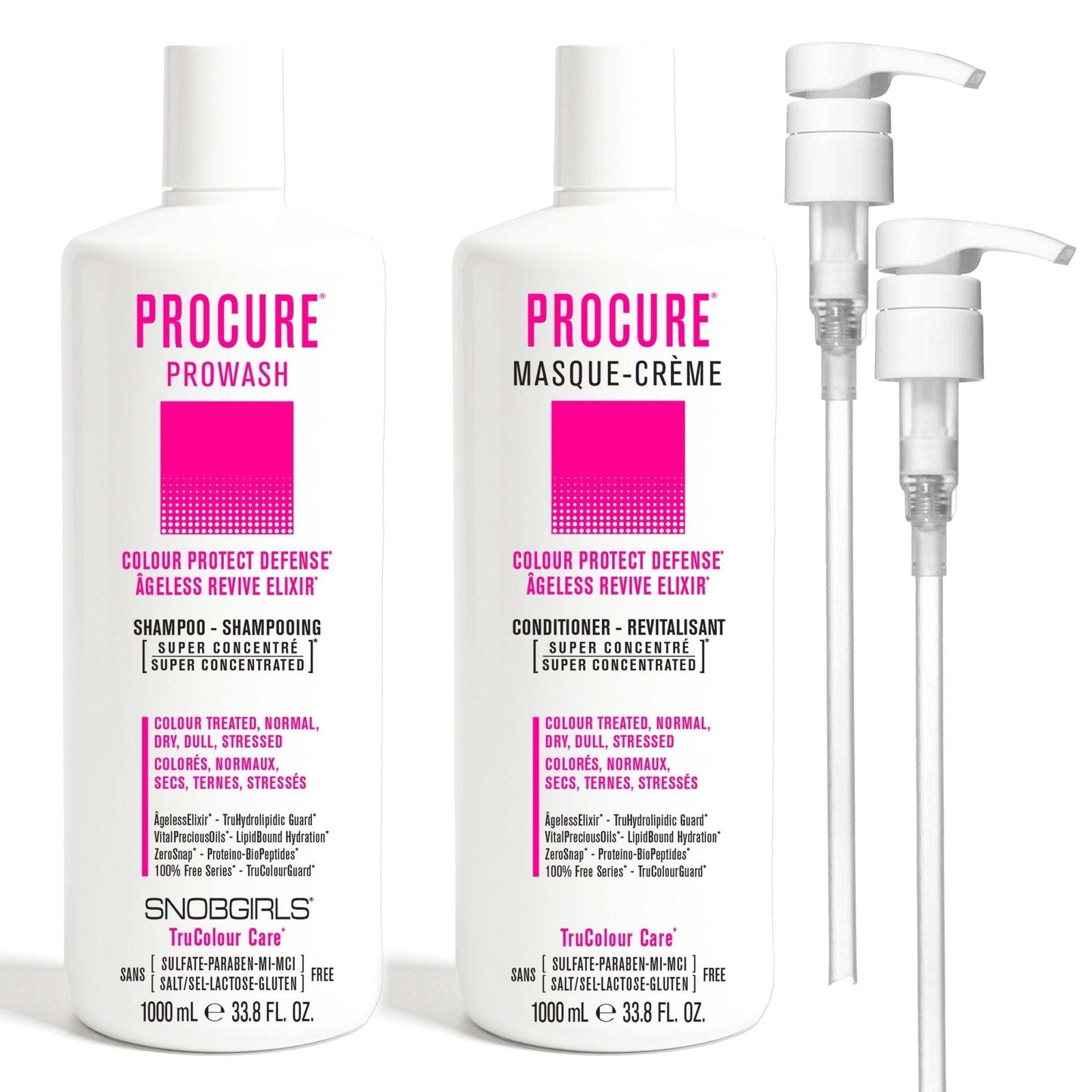 DUO PROCURE shampoo and conditioner set for color-treated hair with color protect defense and ageless revive elixir in 1000 mL bottles