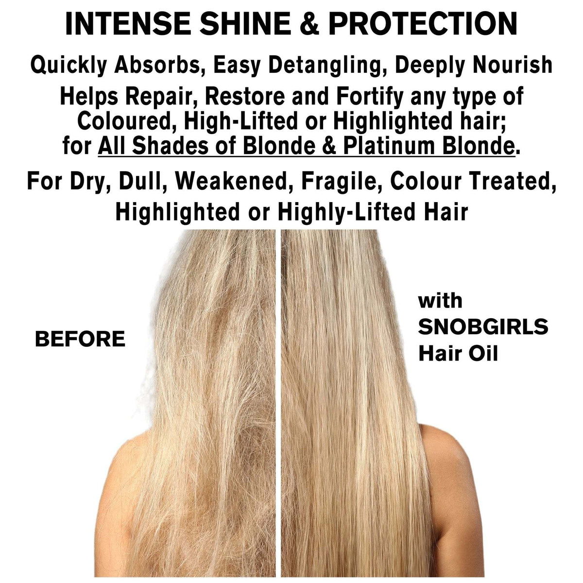 Before and after comparison of hair treated with LUMIERE-COLOUR Perfect Colour & Shine Hair Oil showing intense shine and smoothness on blonde hair