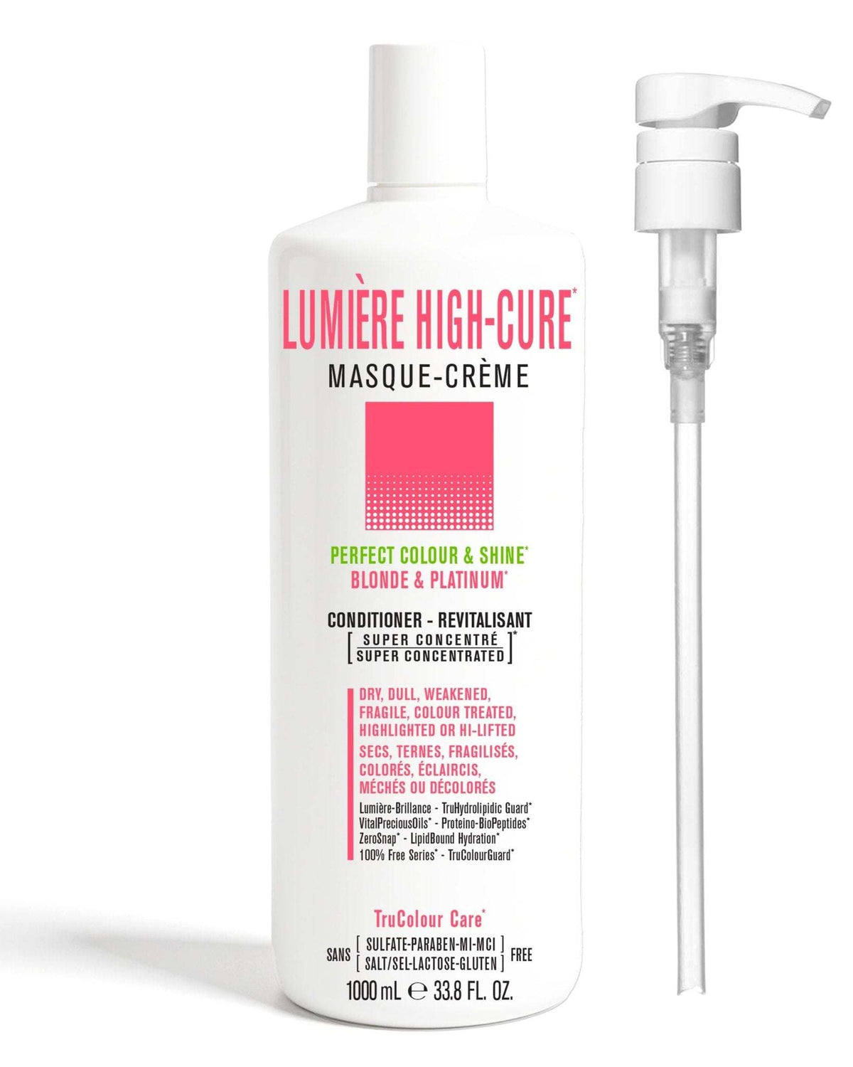 LUMIERE HIGHCURE Masque-Creme vegan conditioner for blonde and platinum hair, deeply nourishing and color protecting, 1000ml bottle with pump.