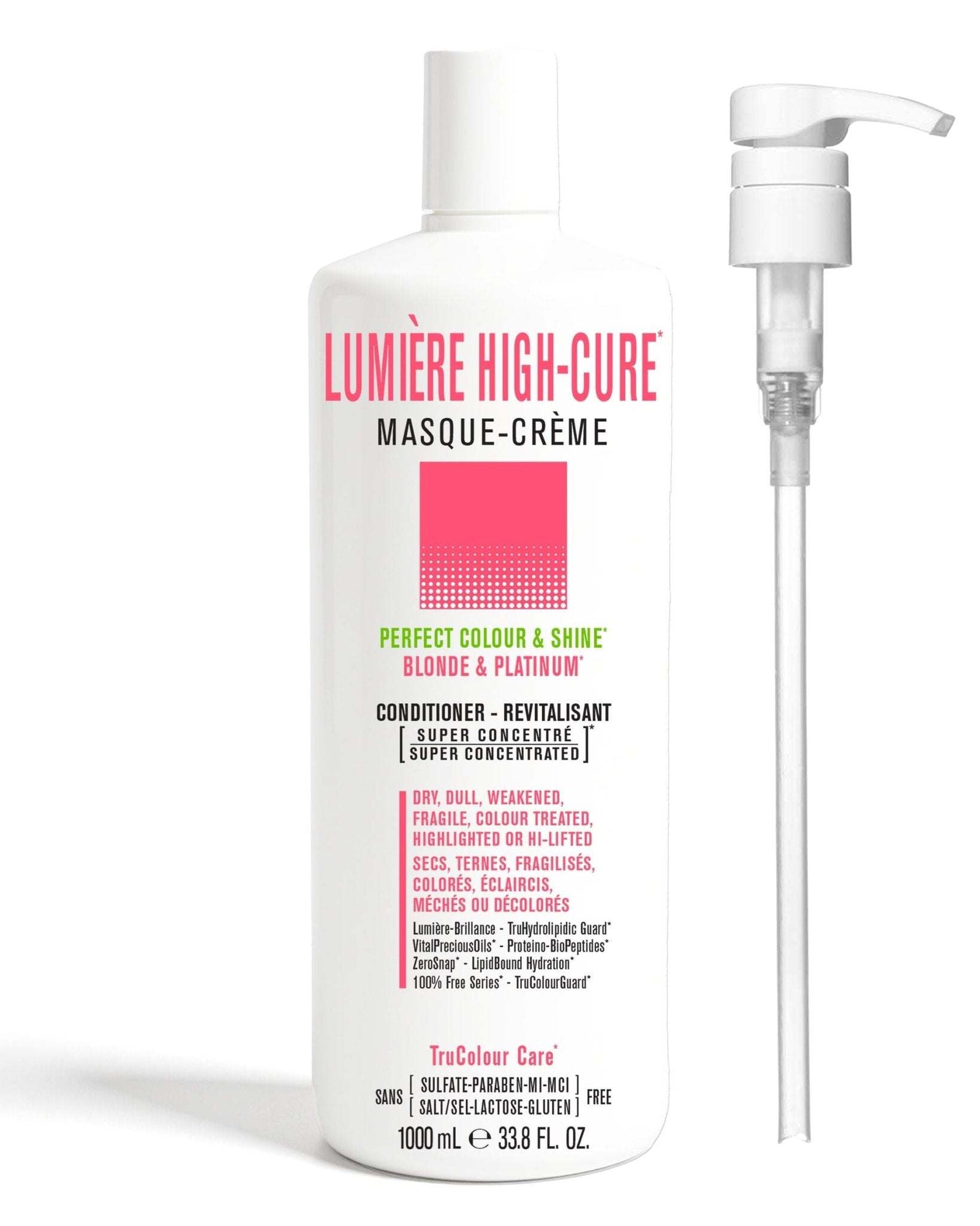 LUMIERE HIGHCURE Masque-Creme vegan conditioner for blonde and platinum hair, deeply nourishing and color protecting, 1000ml bottle with pump.