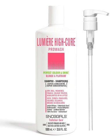 LUMIERE HIGHCURE Prowash Vegan Shampoo & PumpPERFECT COLOUR &amp; SHINEBLONDE &amp; PLATINUM

For Dry, Dull, Weakened, Fragile, Colour Treated, Highlighted or Highly-Lifted HairPerfect for All Shades of Blonde SNOBGIRLS.com