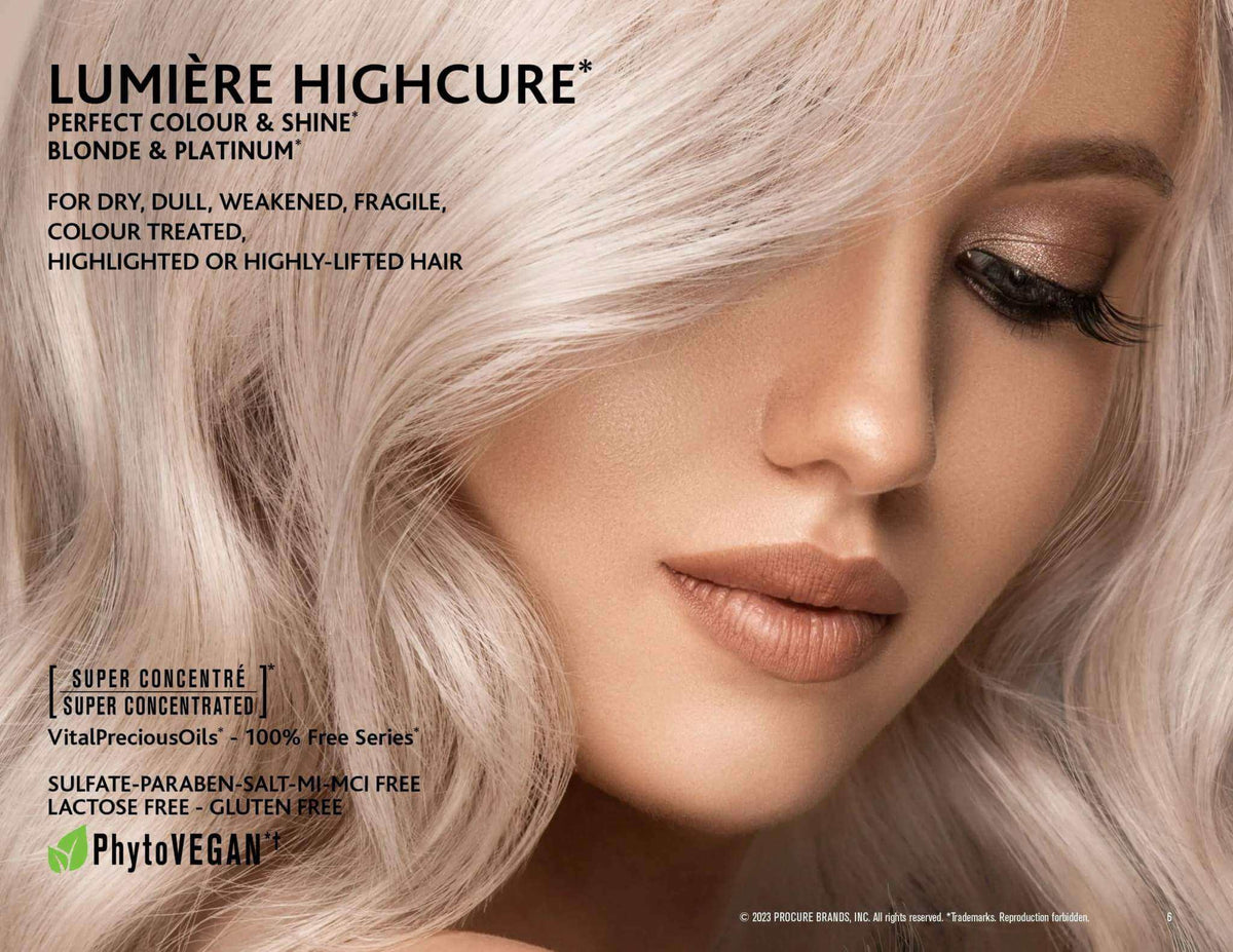 Close-up of woman with platinum blonde hair and flawless skin promoting LUMIERE HIGHCURE Shampoo for dry, fragile, colour-treated hair