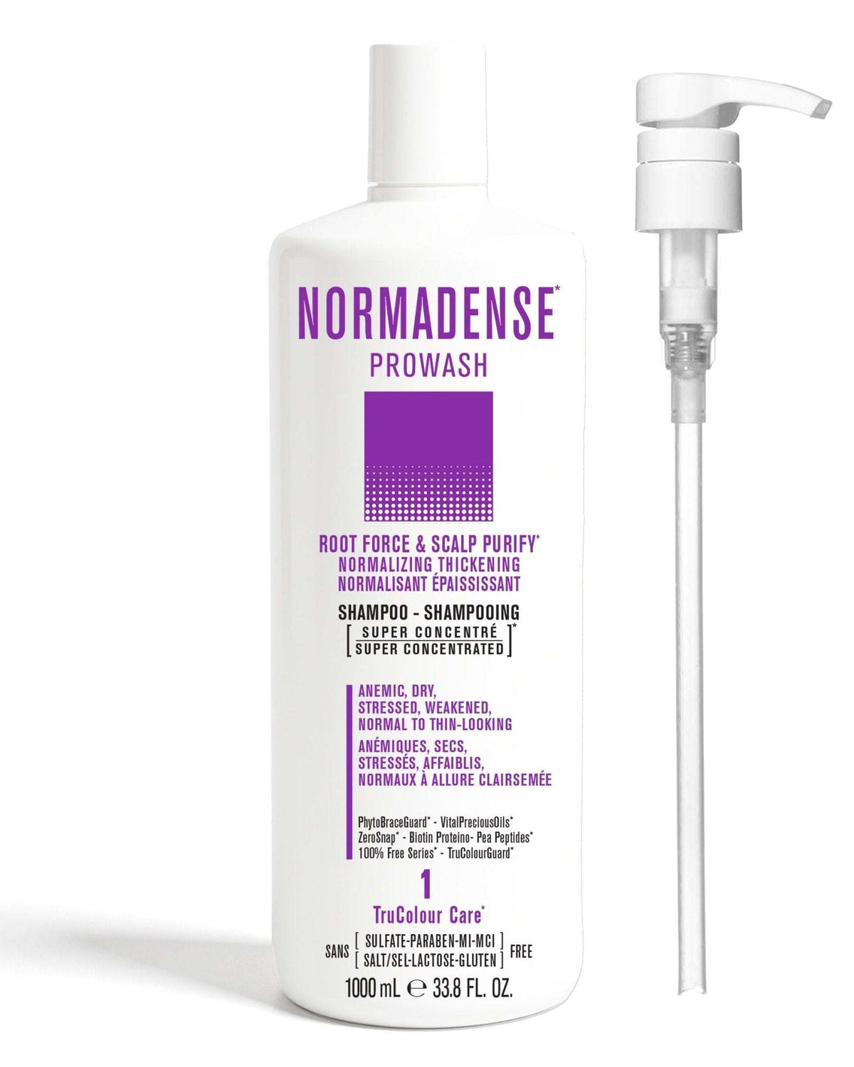 NORMADENSE 1 vegan hair shampoo with pump for root strength, scalp purification, and normalizing thickening of dry, stressed, thin-looking hair