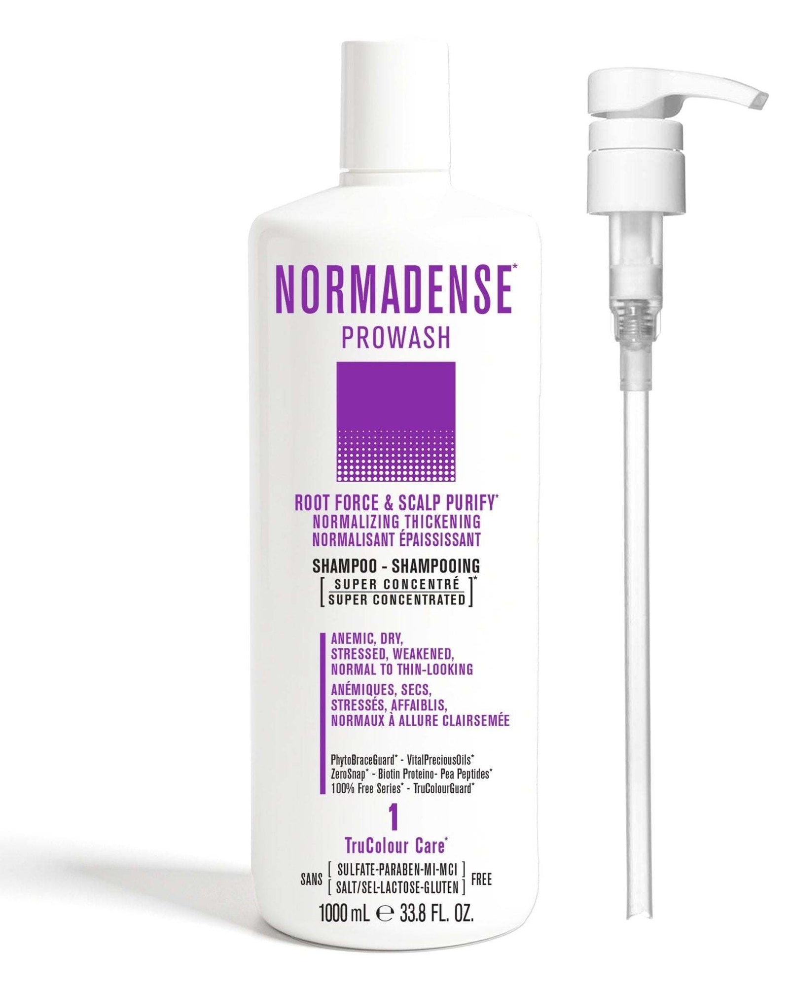 NORMADENSE 1 vegan hair shampoo with pump for root strength, scalp purification, and normalizing thickening of dry, stressed, thin-looking hair