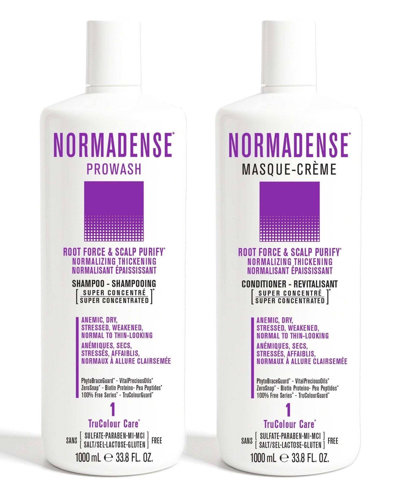 NORMADENSE 1 Shampoo and Conditioner duo for normalizing, thickening, and purifying dry, stressed hair and scalp, vegan formula.