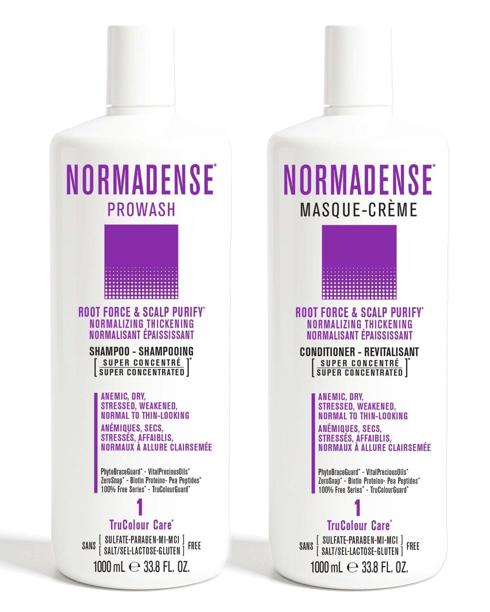 NORMADENSE 1 Shampoo and Conditioner duo for normalizing, thickening, and purifying dry, stressed hair and scalp, vegan formula.