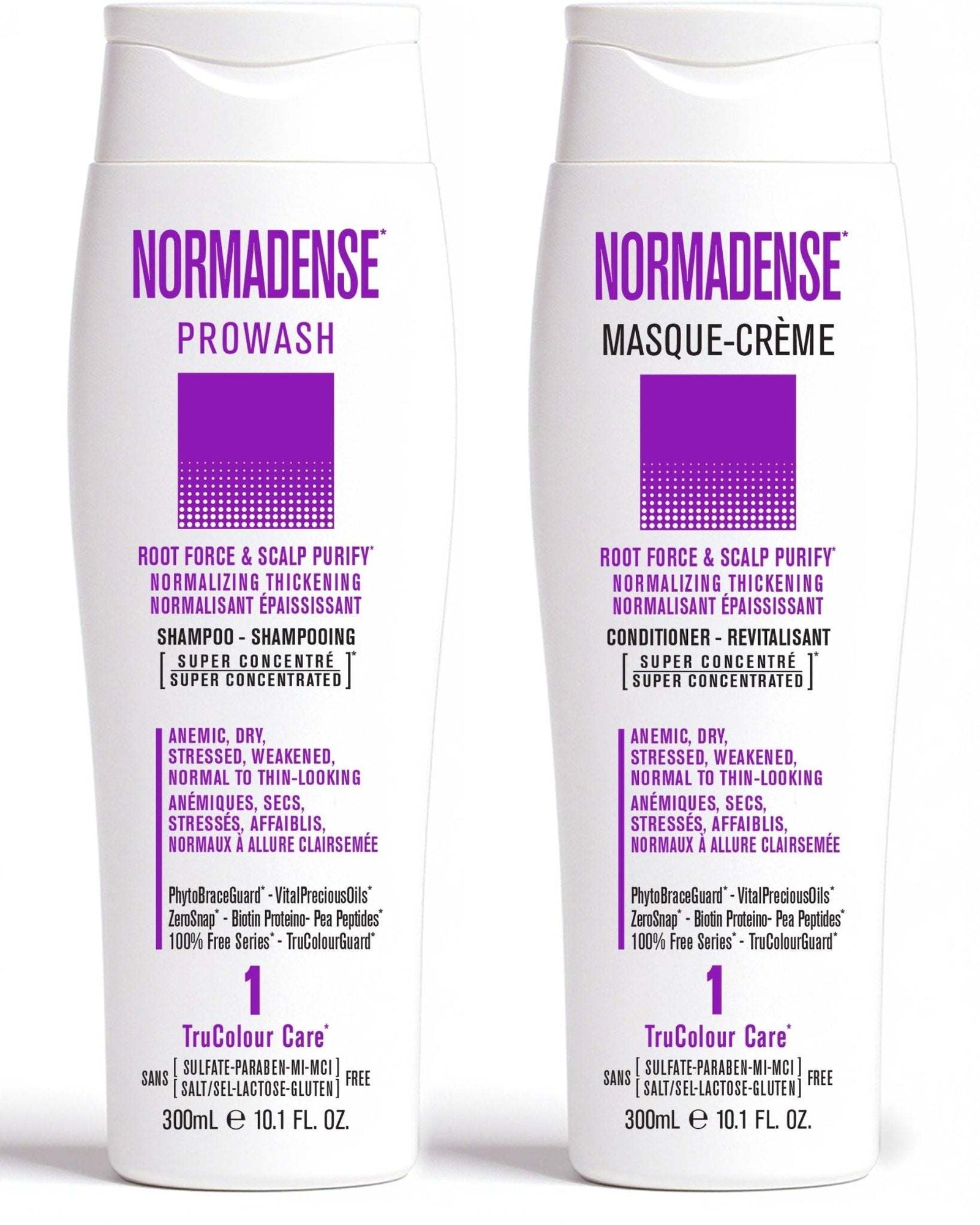 NORMADENSE 1 Shampoo and Conditioner duo for normalizing, thickening, and scalp purification of dry, stressed, thin-looking hair.