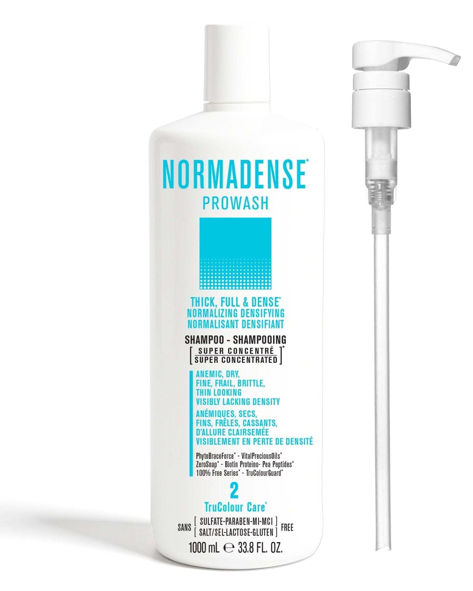 NORMADENSE 2 Prowash vegan shampoo bottle and pump for thick, full, and dense hair, super concentrated formula for dry, fine, brittle hair