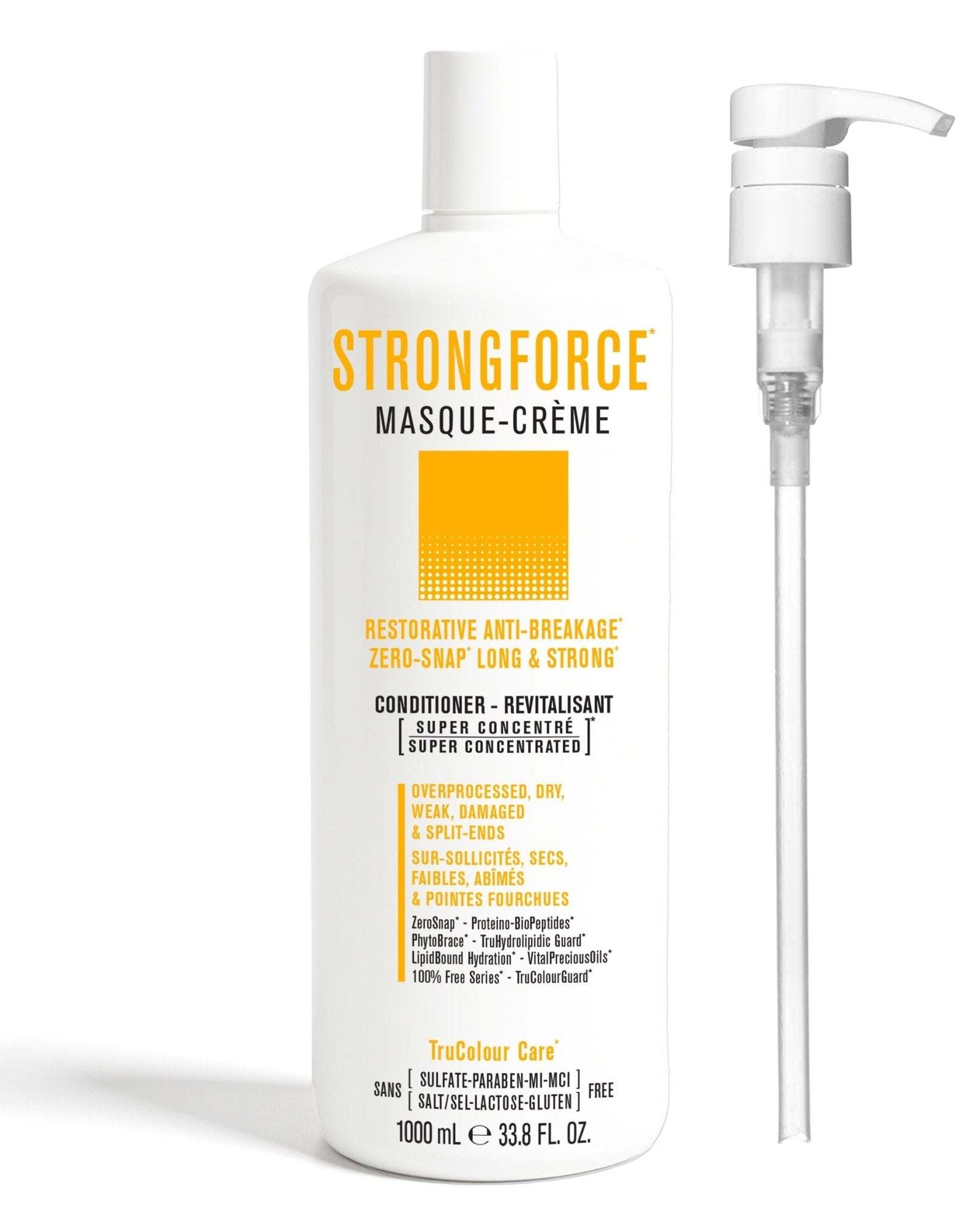 STRONGFORCE Masque-Creme Vegan Conditioner bottle with pump for restorative anti-breakage hair care