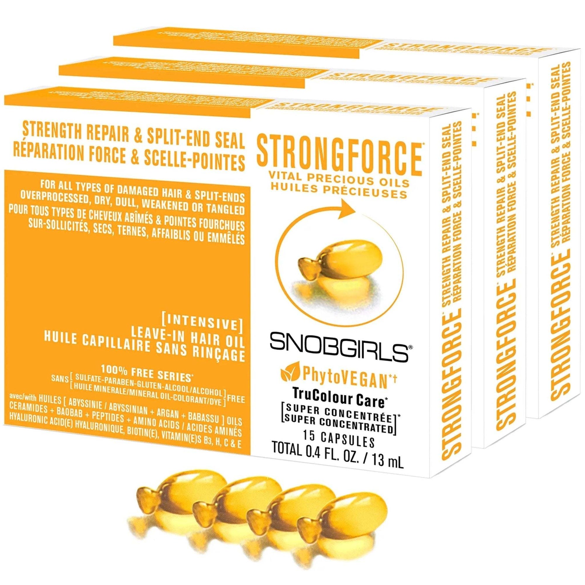 STRONGFORCE Vegan Hair Oil capsules for strength repair and split-end sealing in damaged, dry, and tangled hair