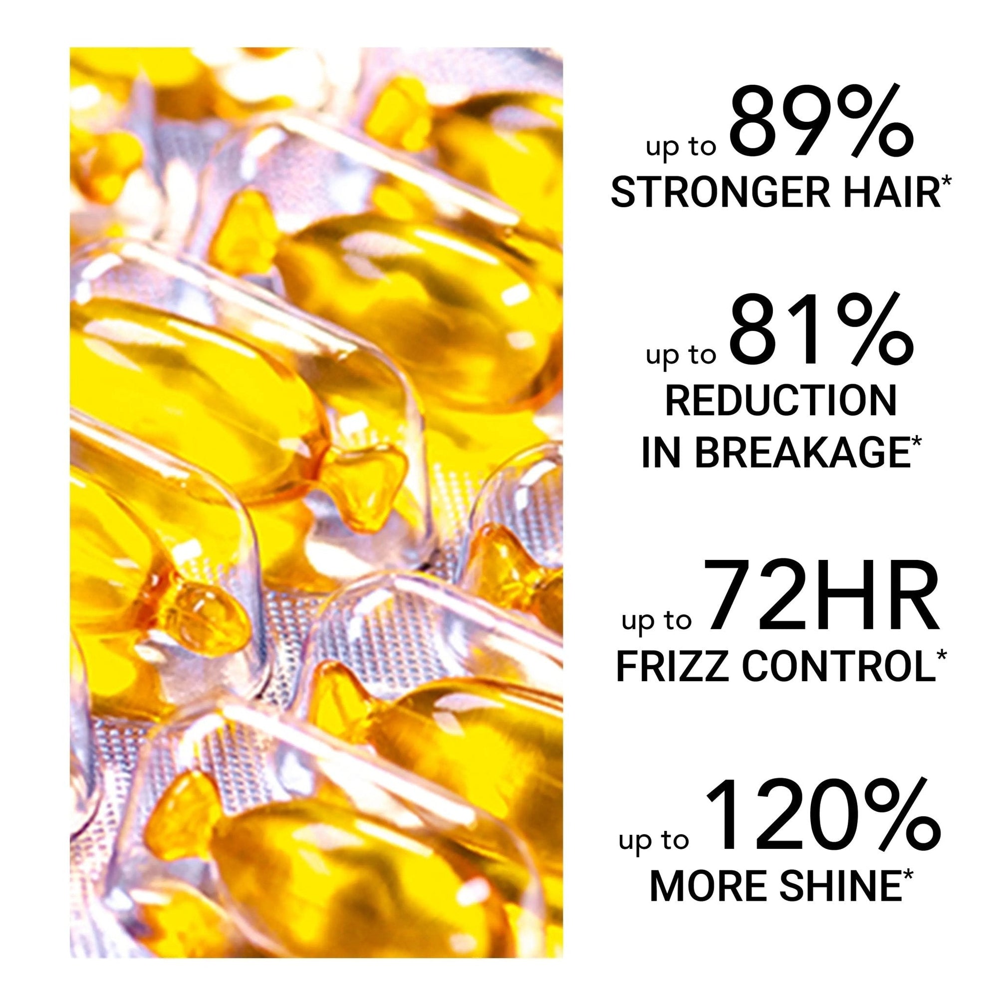 STRONGFORCE Vegan Hair Oil capsules for strength repair and split-end sealing, infused with Abyssinian, Marula, Babassu oils and vitamins, lightweight and non-greasy.