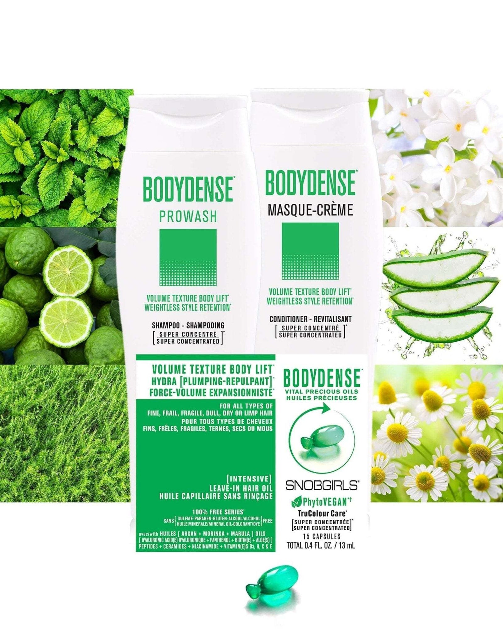 Trio BODYDENSE Vegan Shampoo, Conditioner, and Hair Oil Capsules for volume, texture, and weightless hair care