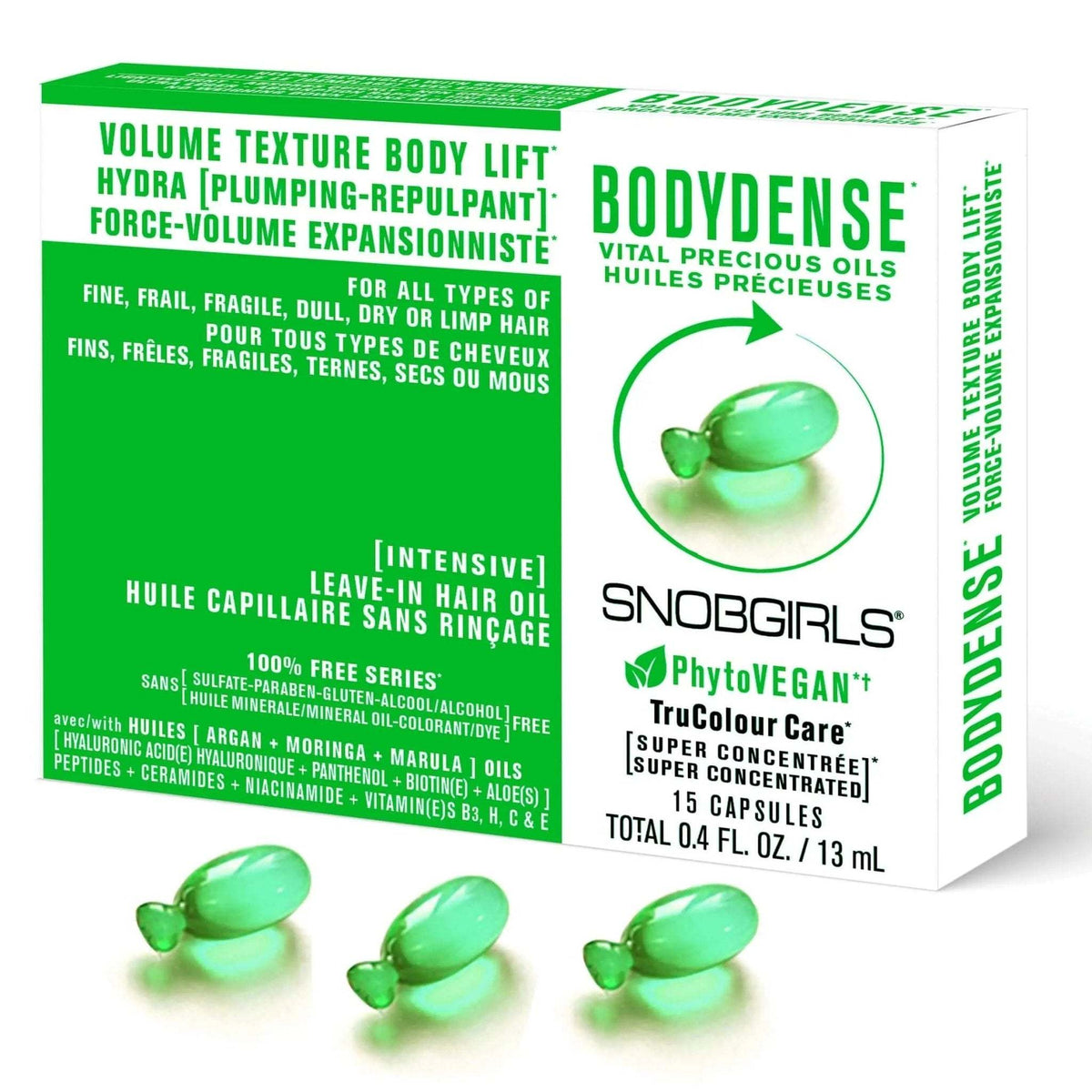 Trio BODYDENSE Vegan Shampoo, Conditioner, and Hair Oil capsules set for volume and hydration in fine, fragile hair