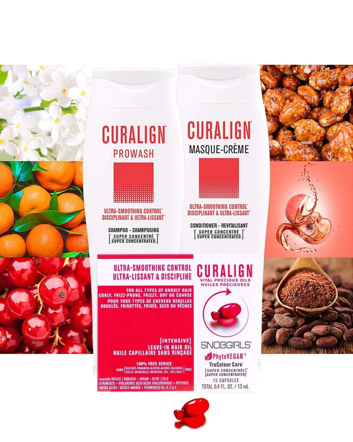 Trio CURALIGN Vegan Shampoo and Conditioner with Hair Oil Capsules for smoothing and nourishing unruly, curly, frizzy hair