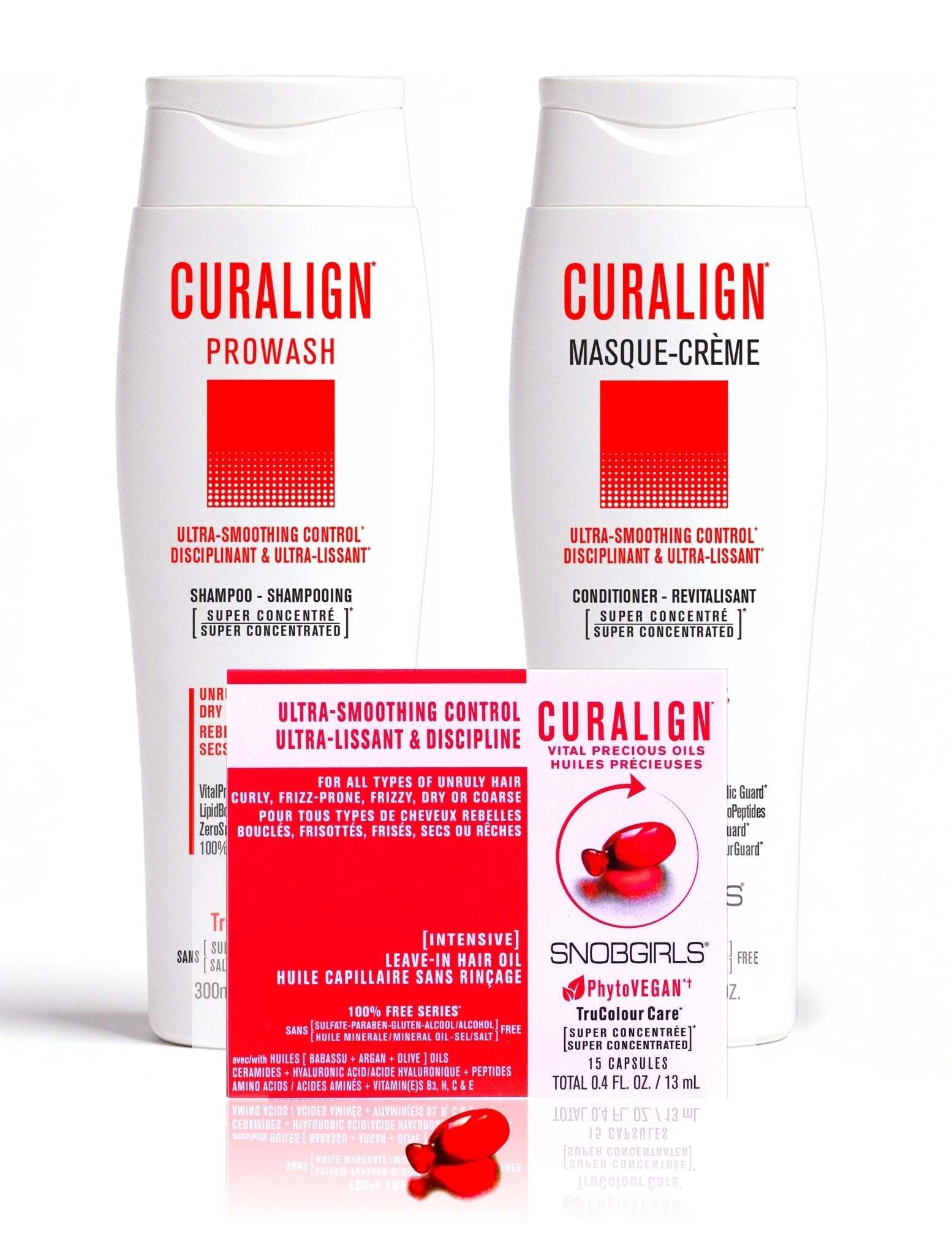 Trio CURALIGN Vegan Shampoo, Conditioner, and Hair Oil Capsules for ultra-smoothing control of curly, frizzy, dry, and coarse hair.
