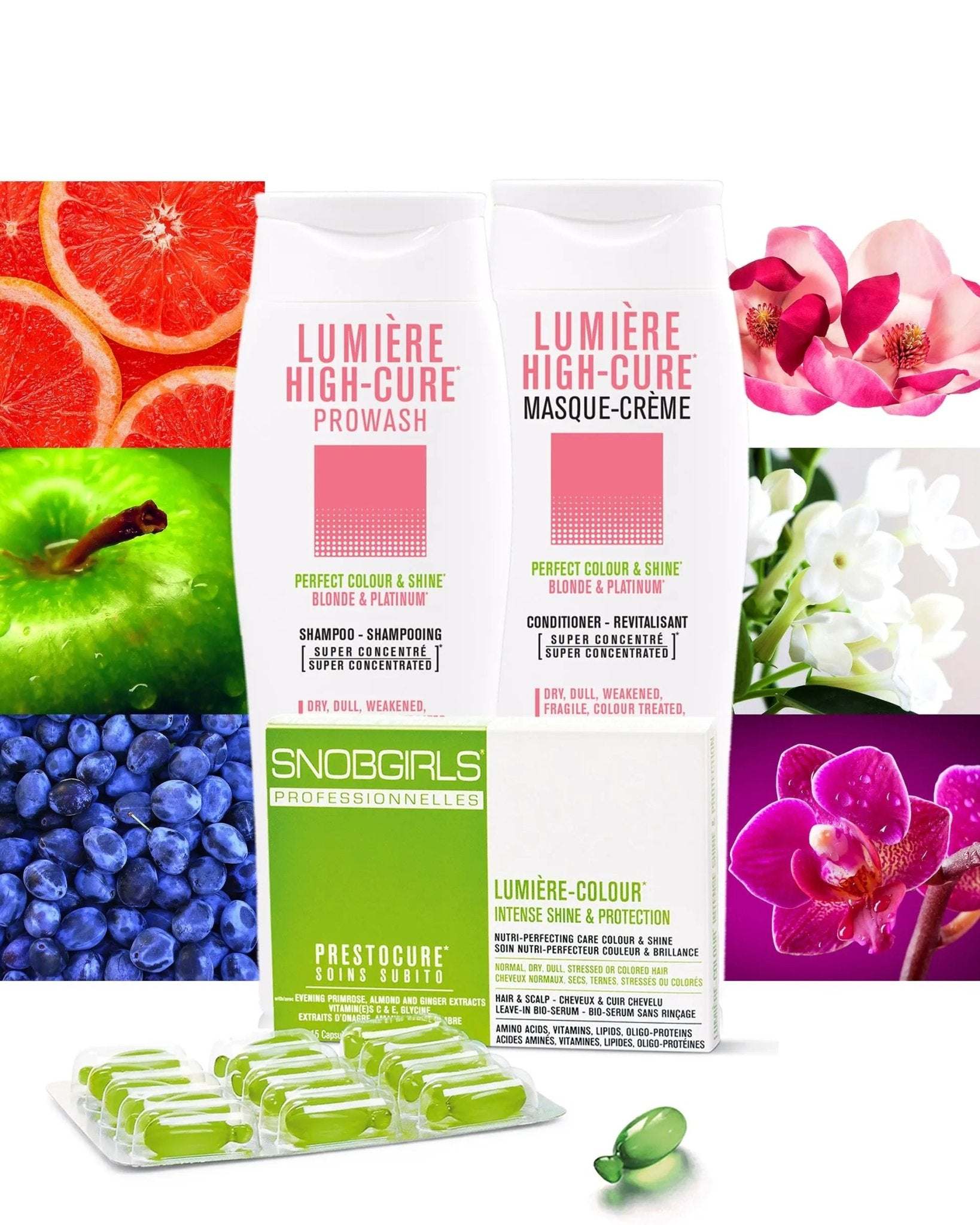 Trio LUMIERE HIGHCURE vegan shampoo, conditioner, and hair oil capsules for dry, fragile, color-treated blonde and platinum hair