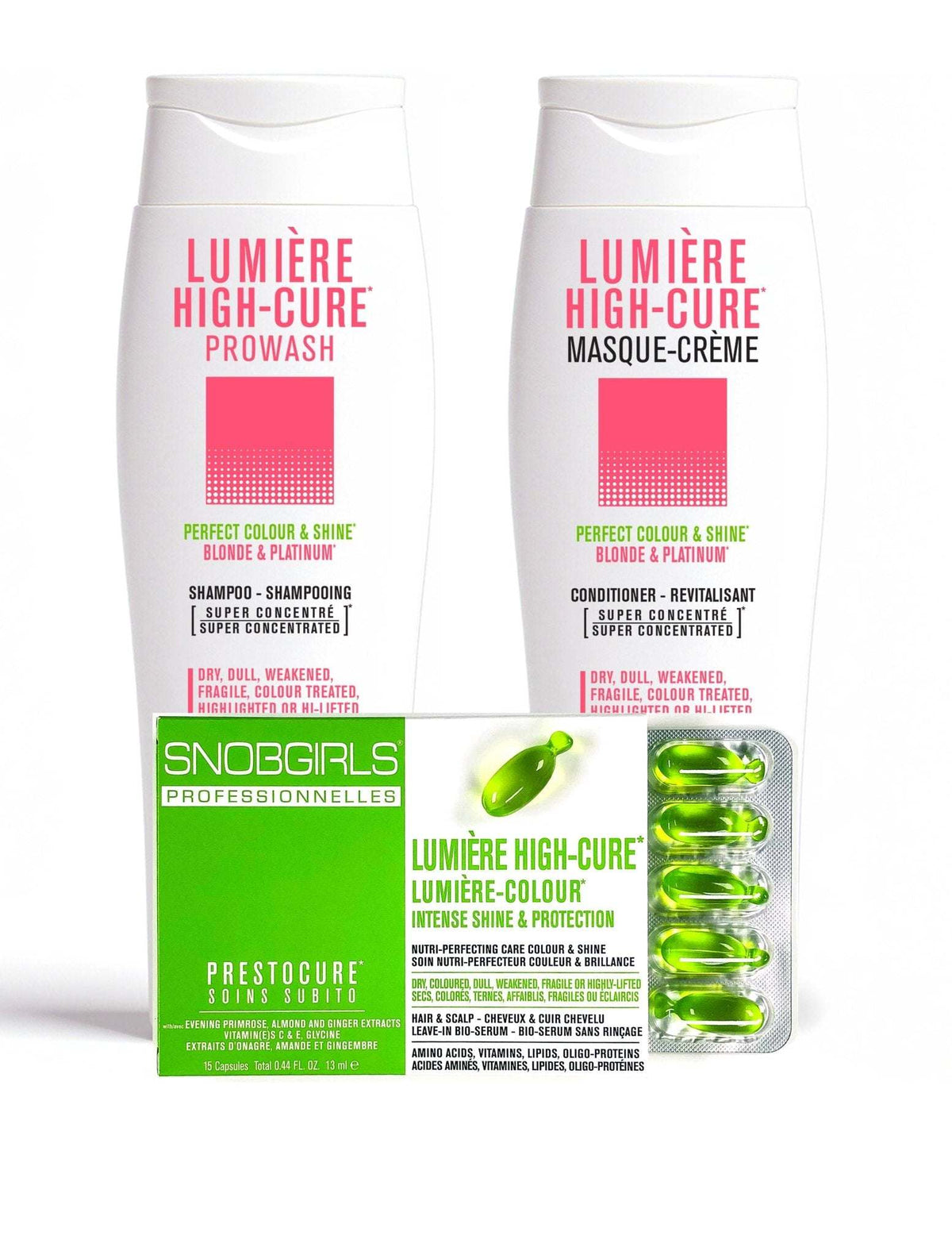 Trio LUMIERE HIGHCURE vegan shampoo, conditioner, and hair oil capsules for dry, fragile, color-treated blonde and platinum hair