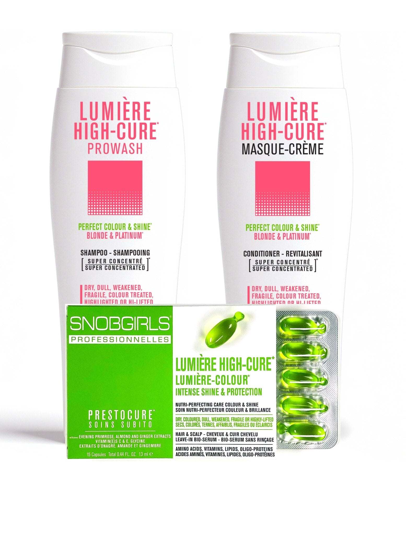 Trio LUMIERE HIGHCURE vegan shampoo, conditioner, and hair oil capsules for dry, fragile, color-treated blonde and platinum hair