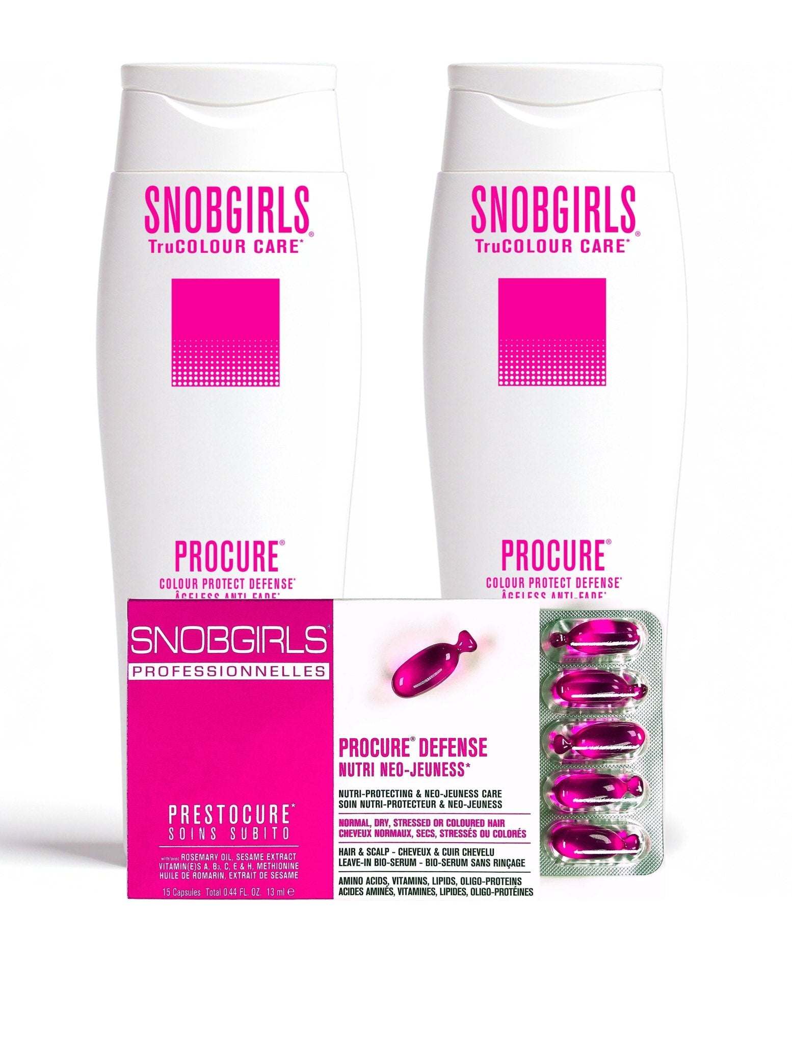 Vegan shampoo, conditioner, and hair oil set for color-treated hair by Snobgirls with nourishing and protective formula.
