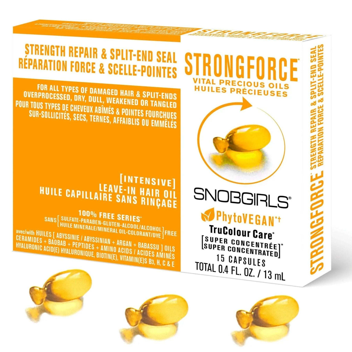 Trio STRONGFORCE Vegan Shampoo, Conditioner, and Hair Oil capsules for strength repair and split-end sealing