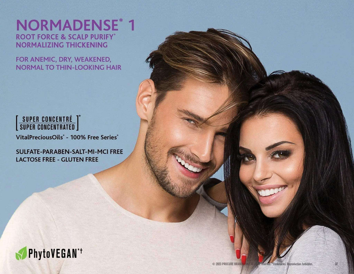 Smiling man and woman with healthy hair promoting NORMADENSE 1 vegan hair shampoo for scalp purify and thickening