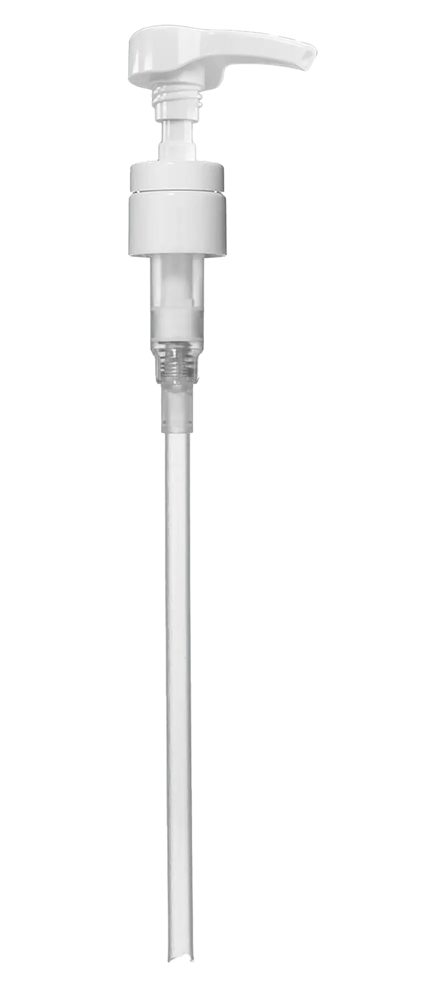 High quality white dispensing pump for 1-liter bottles with ergonomic thumb indentation and leak-proof lock-down feature