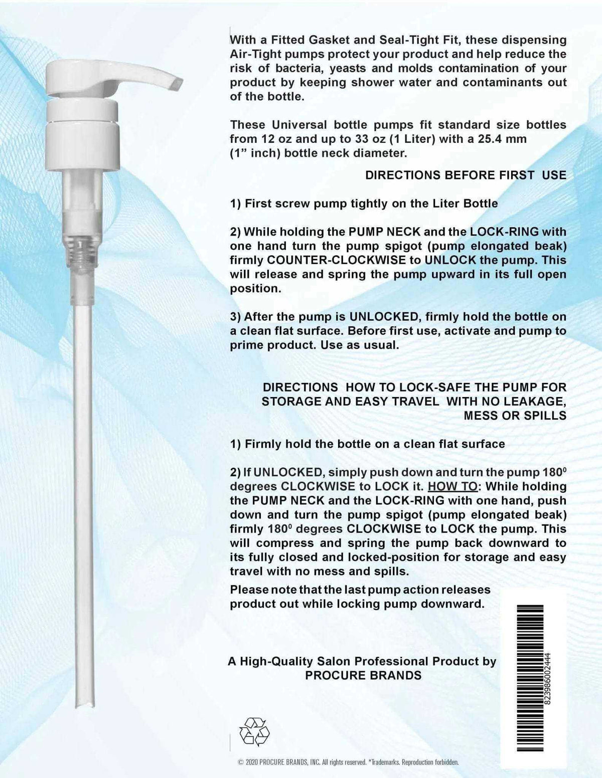 Set of 2 high quality white dispensing pumps for 1-liter bottles with leak-proof lock and ergonomic design