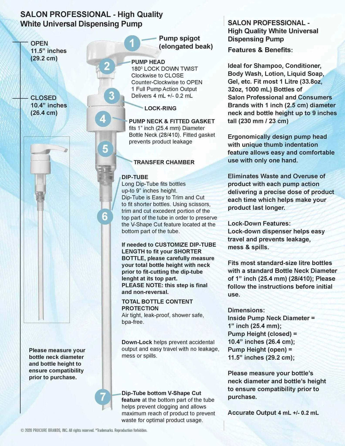 High quality white universal dispensing pump ideal for 1 liter bottles with lock-down feature and ergonomic thumb indentation.