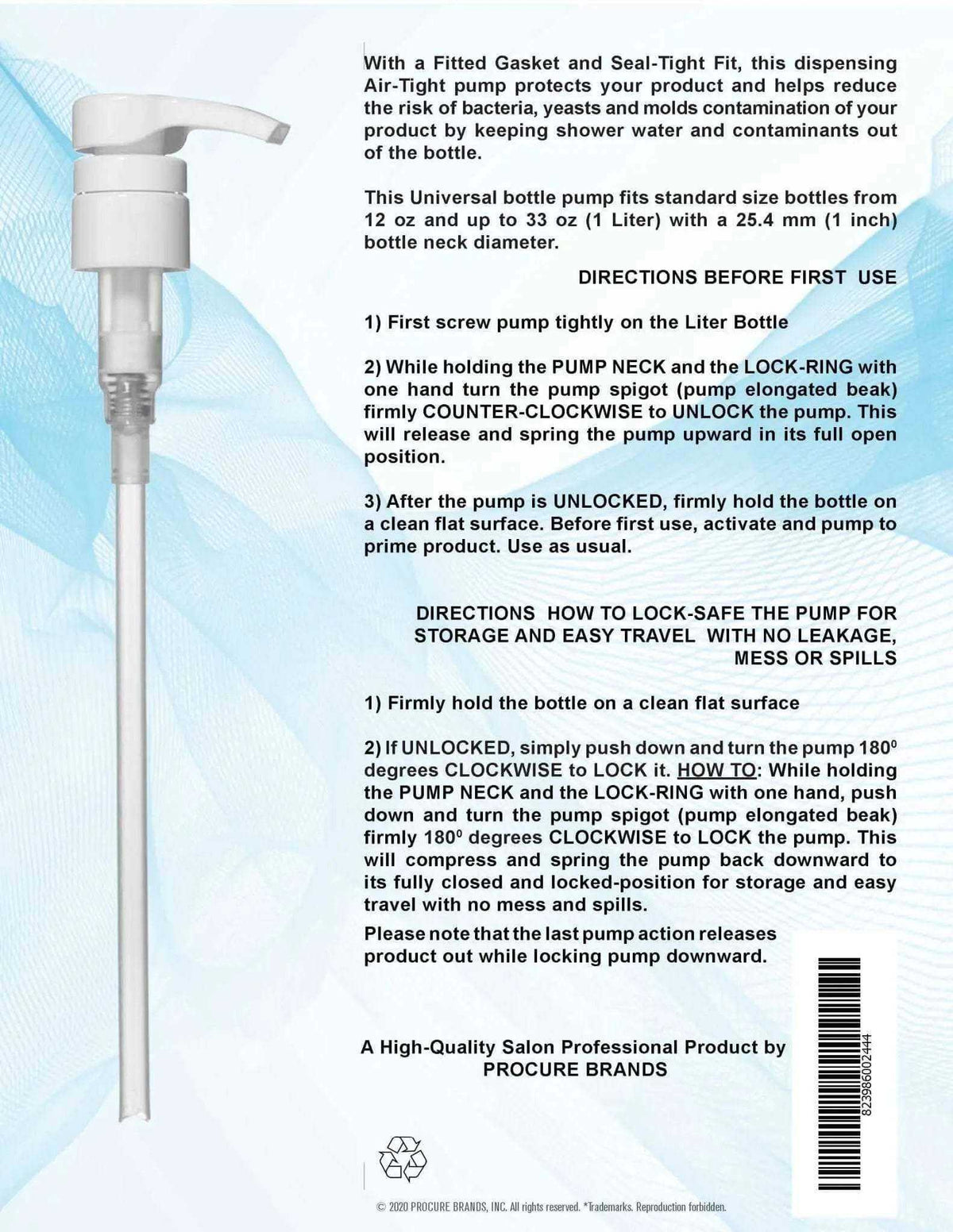 white universal dispensing pump for 1-liter bottles with ergonomic design and leak-proof lock feature