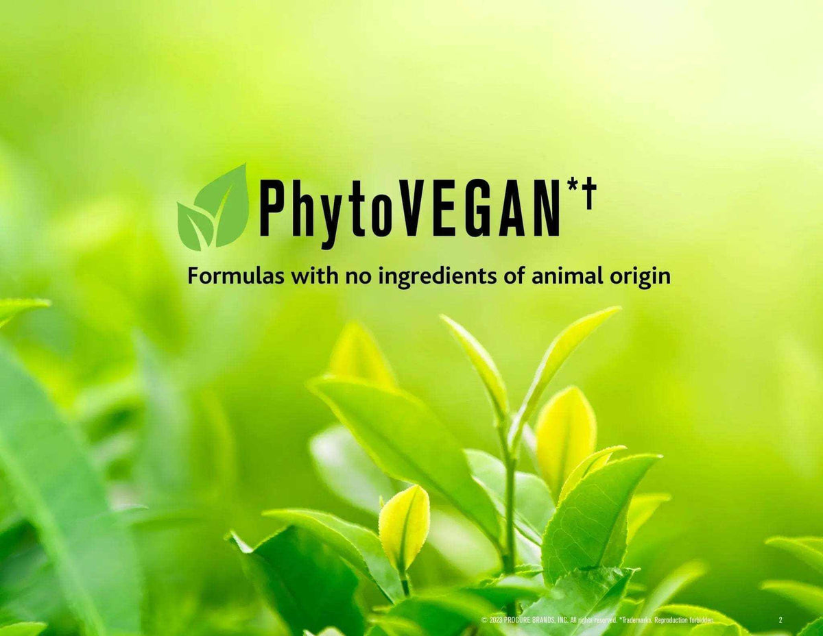 PhytoVEGAN logo with green leaves highlighting vegan formulas with no animal ingredients