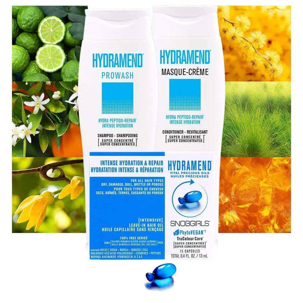HYDRAMEND Vegan Shampoo, Conditioner, and Hair Oil set for intense hydration and repair of dry, damaged hair