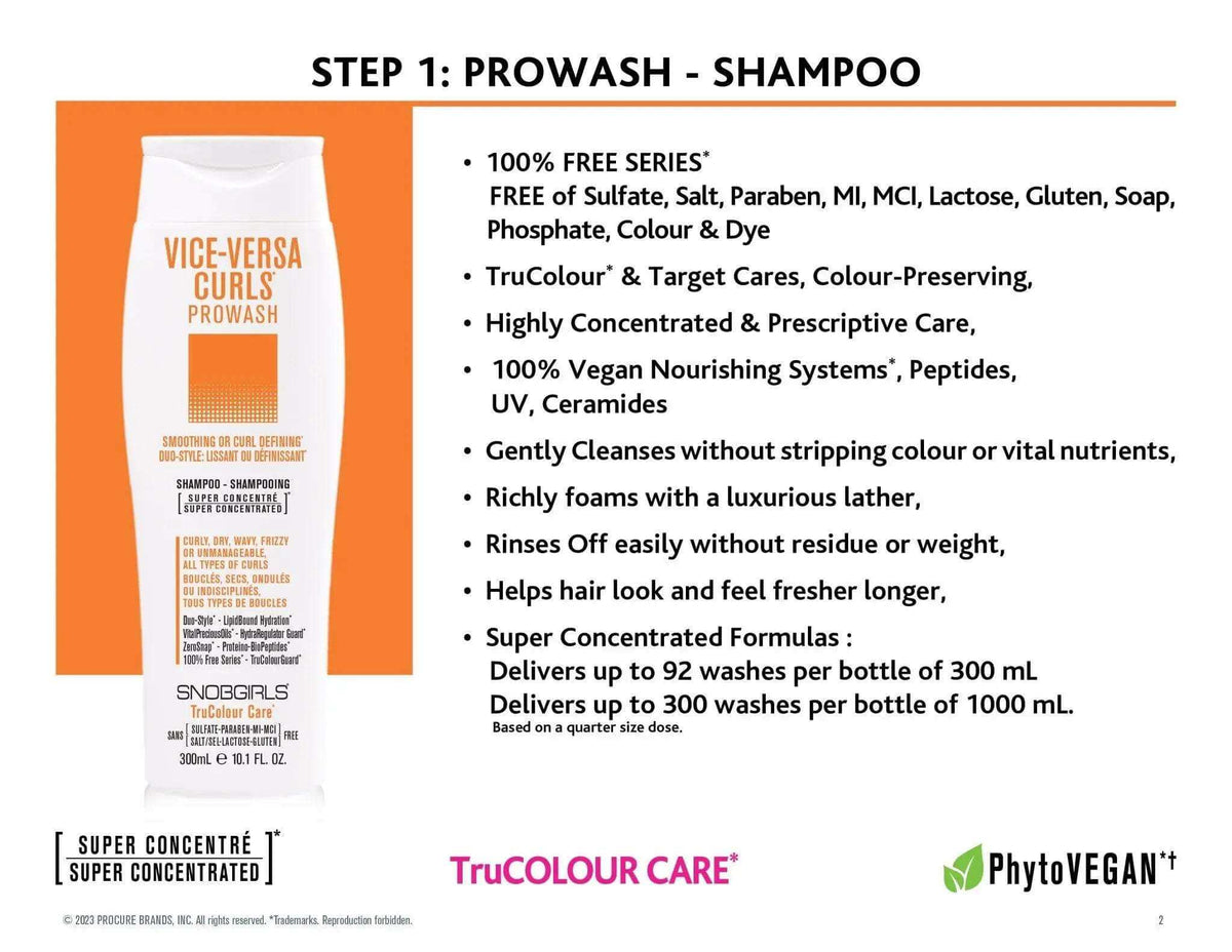 VICE-VERSA CURLS Prowash Vegan Hair Shampoo bottle with product benefits and features for curly, dry, wavy, frizzy hair care and styling